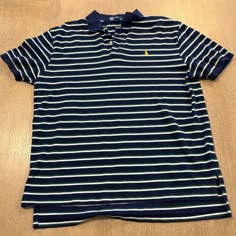 Polo Ralph Lauren Mens XL Striped Polo Shirt Navy Blue Yellow Pony